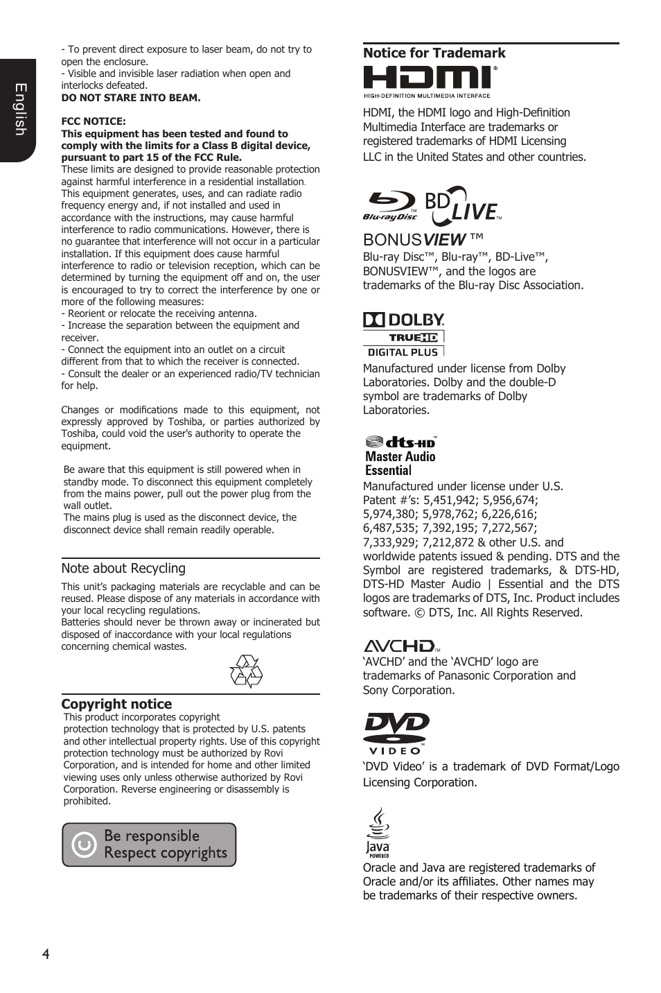 Bonus view, E ng lis h, Copyright notice | Notice for trademark | Toshiba Blu-Ray Disc Player BDX1200KU User Manual | Page 4 / 46