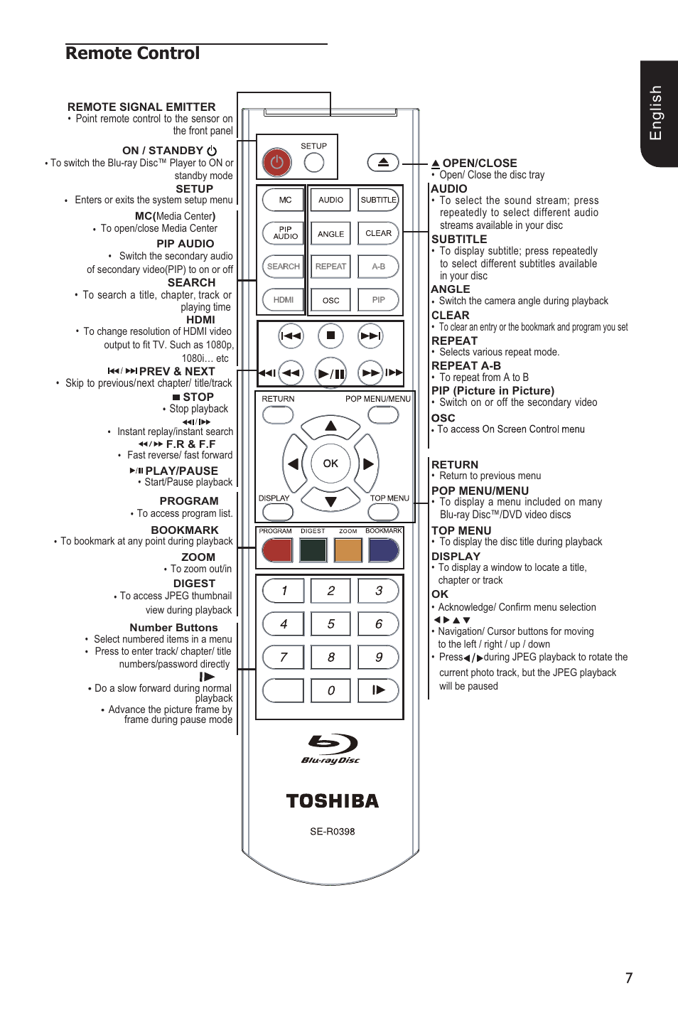 Remote control, E ng lis h | Toshiba Blu-Ray Disc Player BDX1200KU User Manual | Page 7 / 46