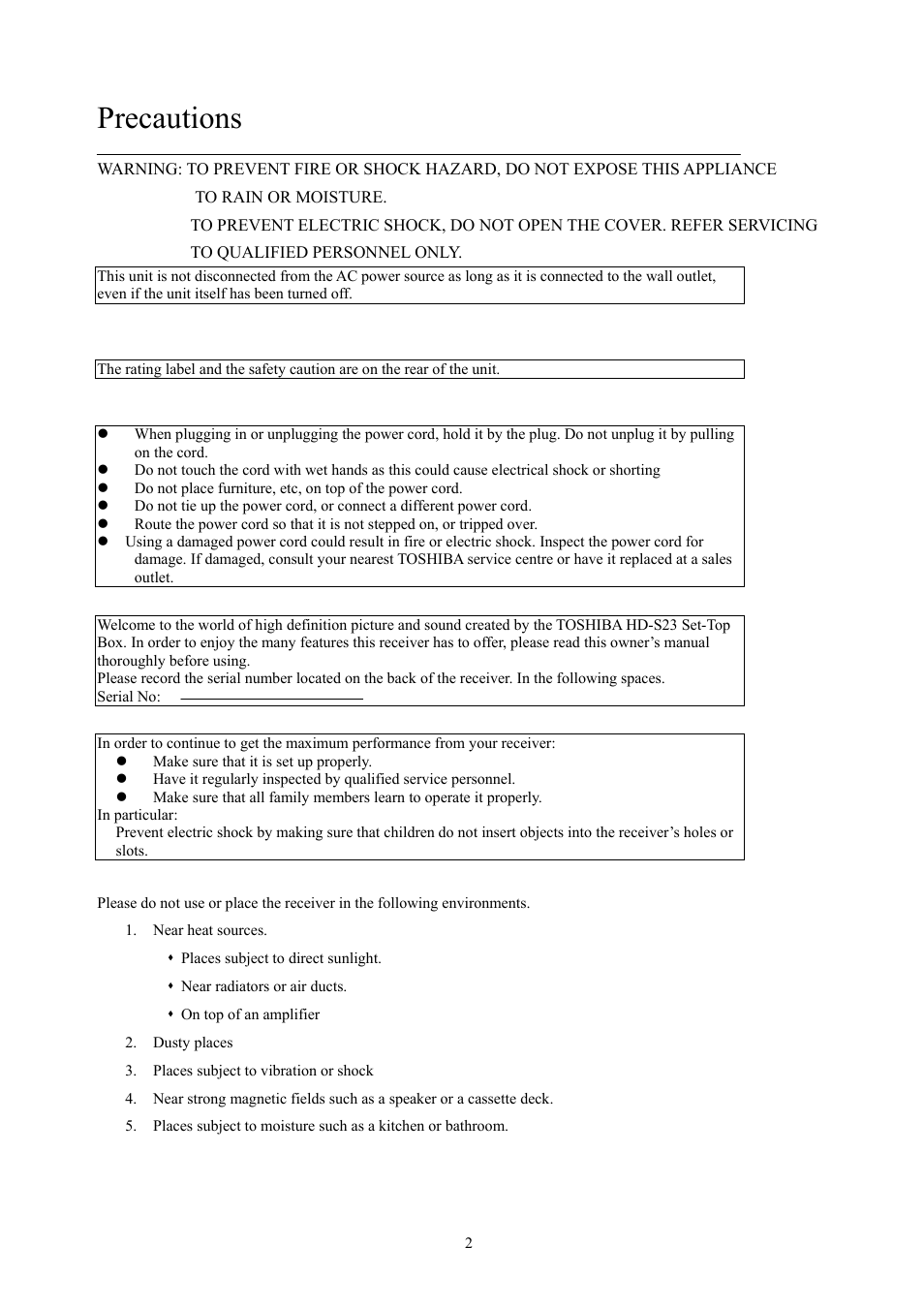 Precautions | Toshiba HD-S23 User Manual | Page 2 / 40