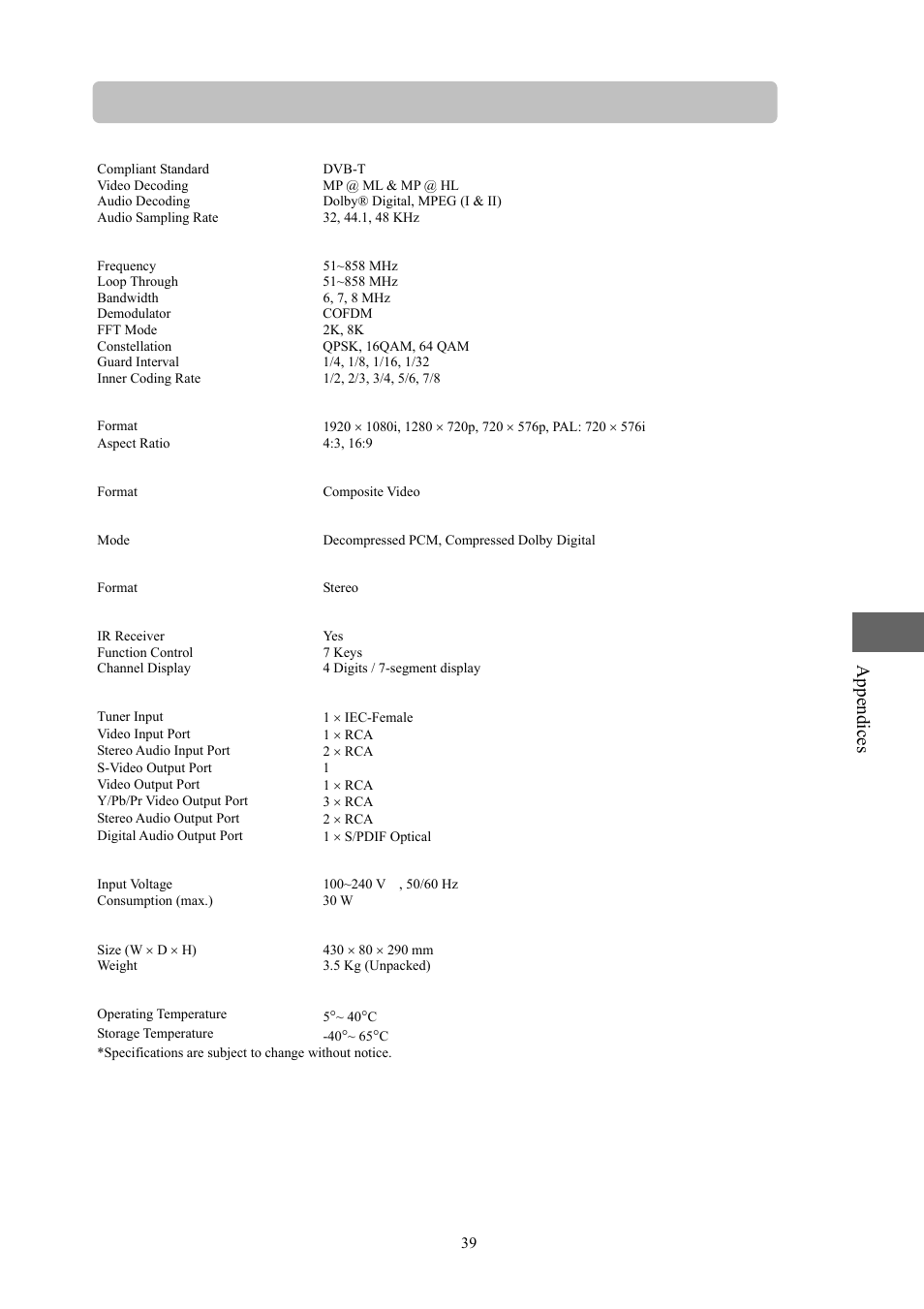 Appendix 5 technical specifications, App en dic es | Toshiba HD-S23 User Manual | Page 39 / 40