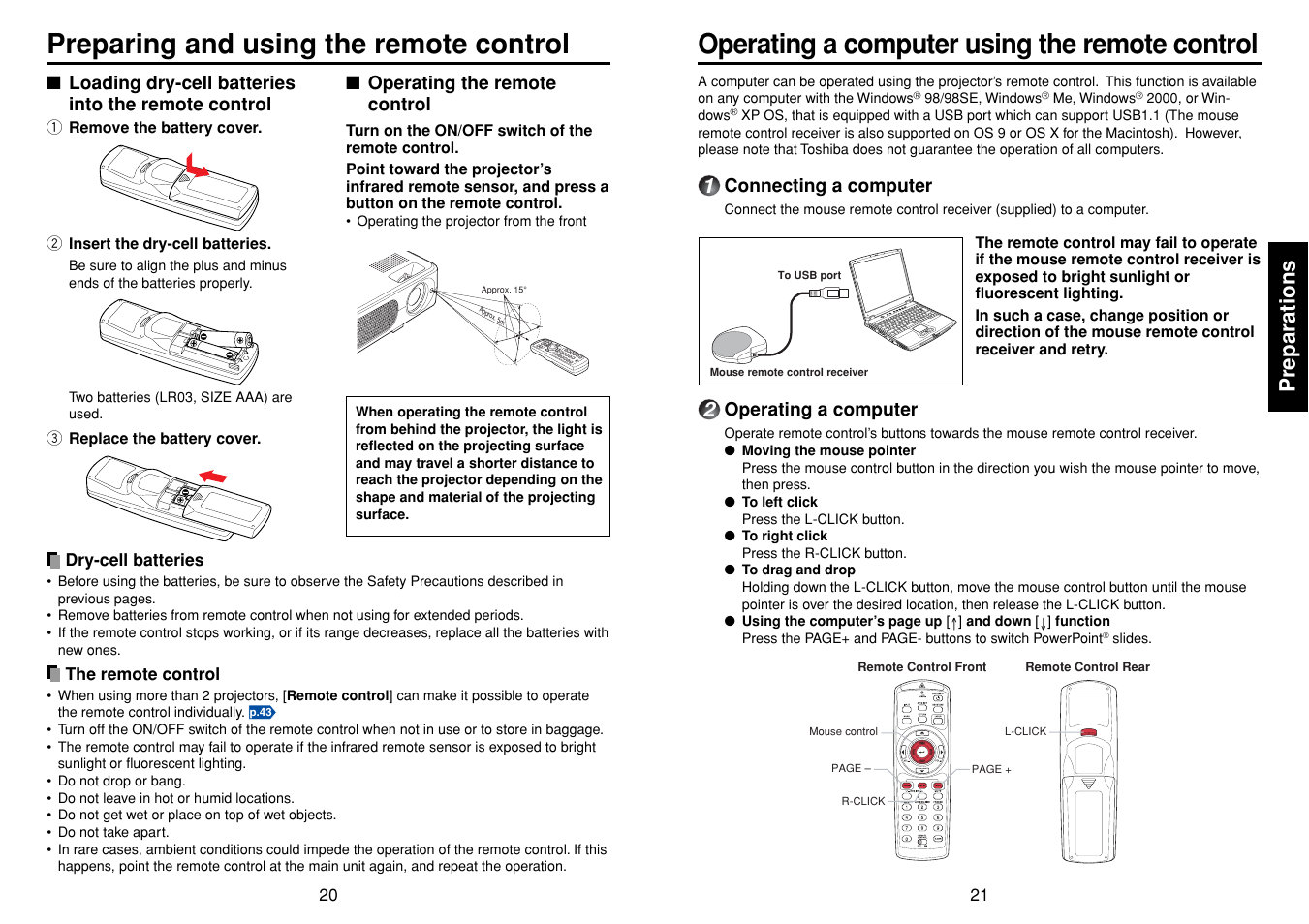 Preparing and using the remote control, Operating a computer using the remote control, P.20 | P.21, Preparations | Toshiba TLPXC2500 User Manual | Page 11 / 31