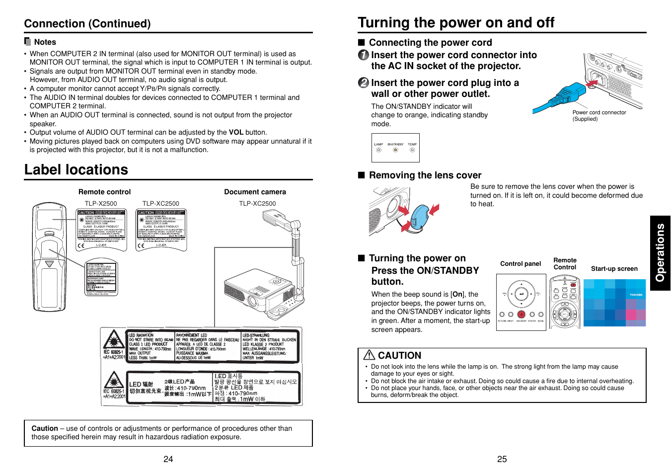 Label locations, Operations, Turning the power on and off | P.25, Connection (continued) | Toshiba TLPXC2500 User Manual | Page 13 / 31