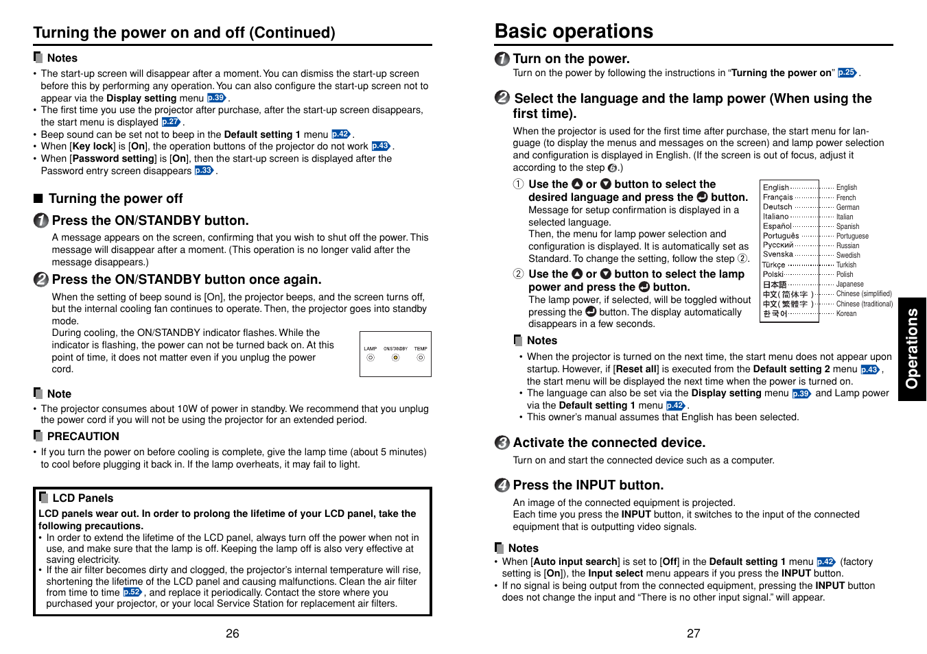 Basic operations, P.27, Operations | Turning the power on and off (continued) | Toshiba TLPXC2500 User Manual | Page 14 / 31