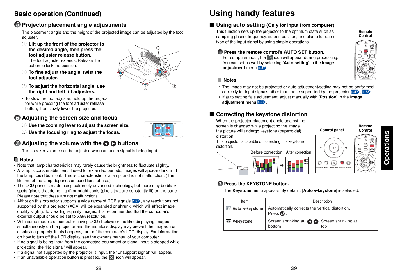 Using handy features, Using auto setting (only for input from computer), Correcting the keystone distortion | P.28, P.29, Operations, Basic operation (continued) | Toshiba TLPXC2500 User Manual | Page 15 / 31