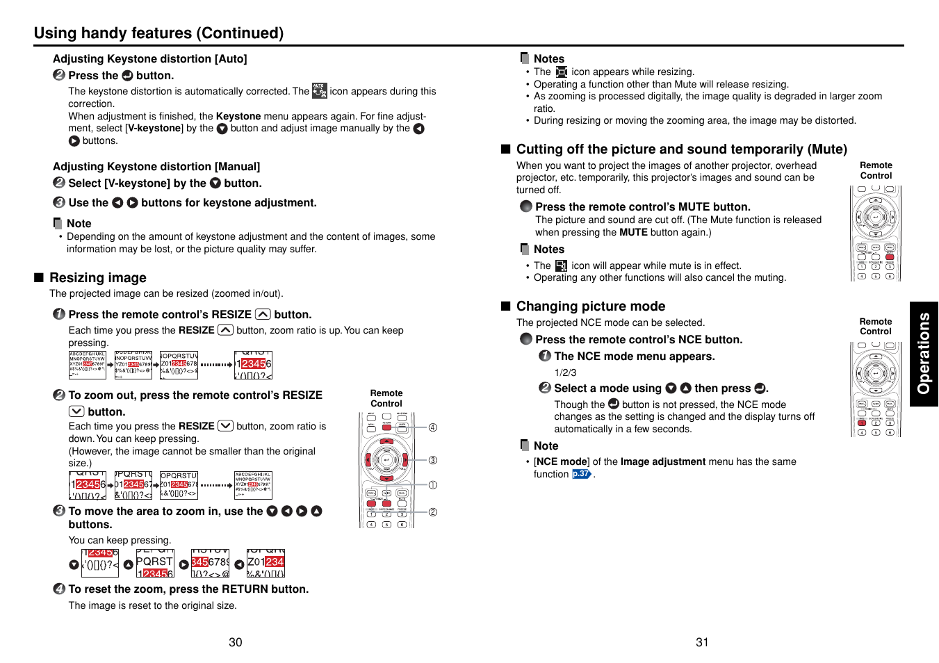 Resizing image, Changing picture mode, P.31 | P.30, Operations, Using handy features (continued) | Toshiba TLPXC2500 User Manual | Page 16 / 31