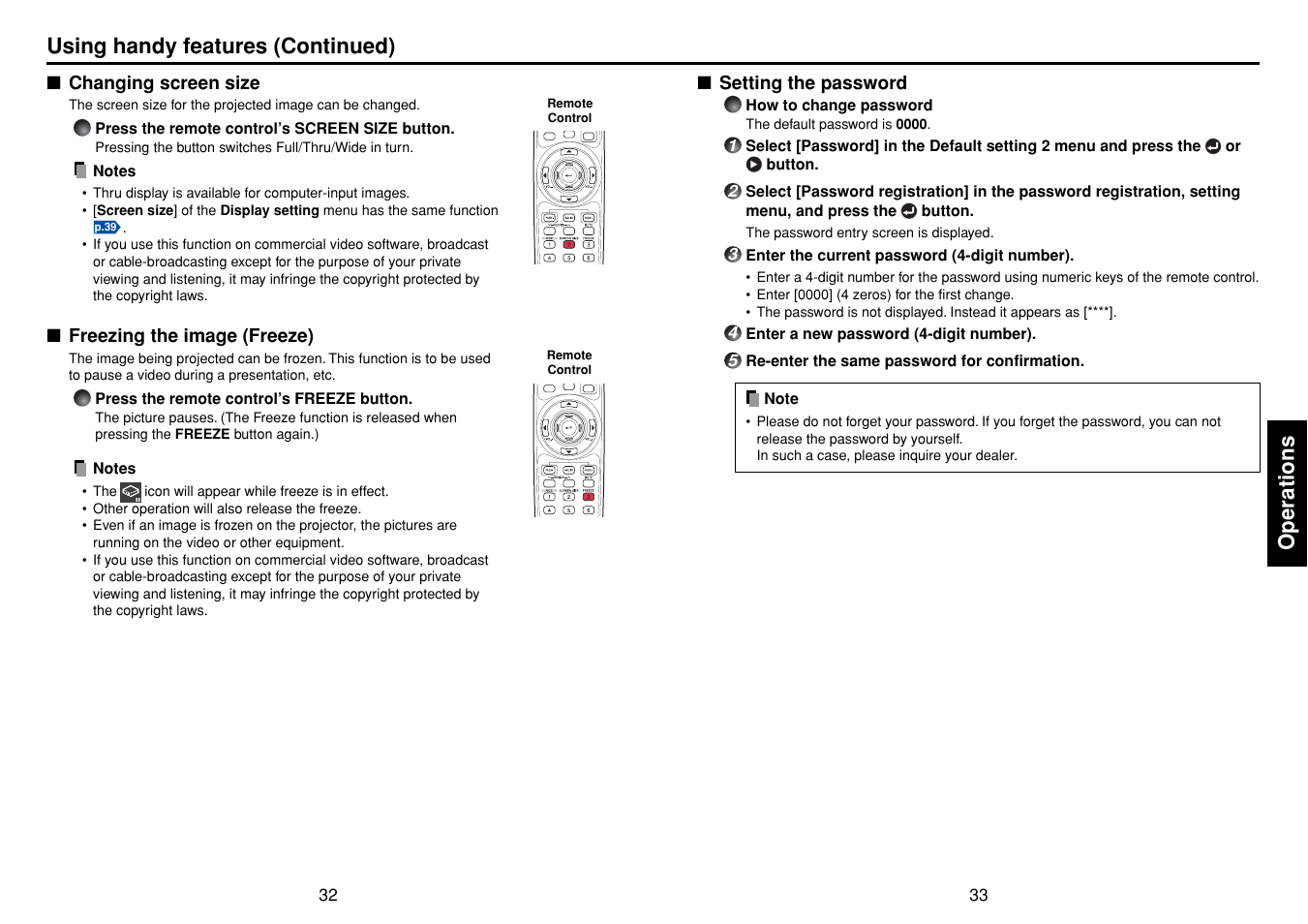 Changing screen size, Freezing the image (freeze), Setting the password | P.32, P.33, Operations, Using handy features (continued) | Toshiba TLPXC2500 User Manual | Page 17 / 31