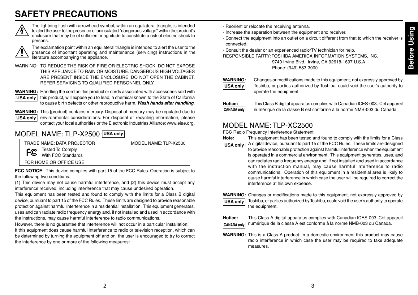 Before using, Safety precautions, Model name: tlp-x2500 | Model name: tlp-xc2500 | Toshiba TLPXC2500 User Manual | Page 2 / 31