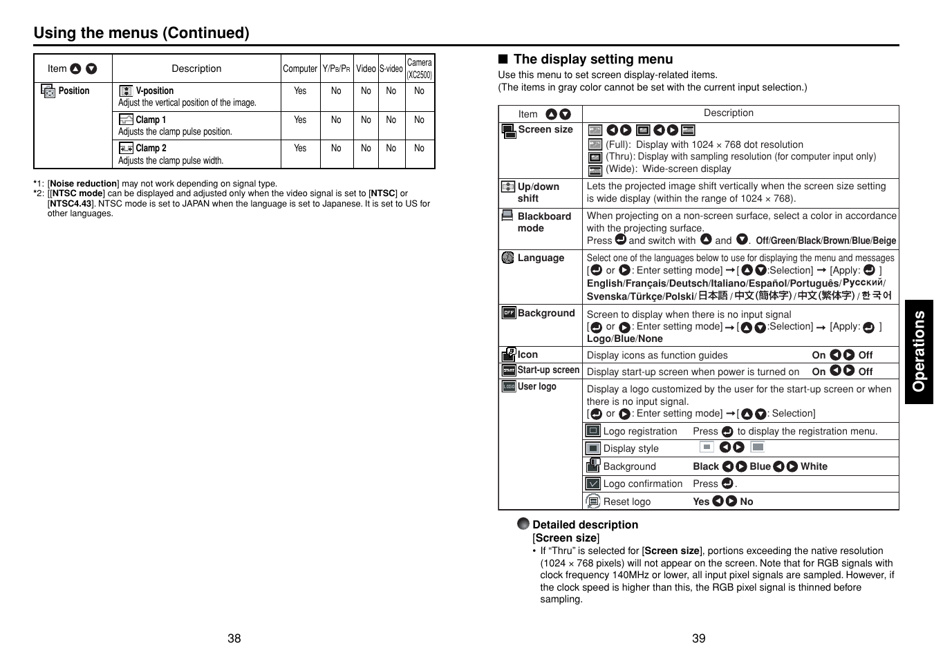 The display setting menu, P.39, Operations | Using the menus (continued) | Toshiba TLPXC2500 User Manual | Page 20 / 31