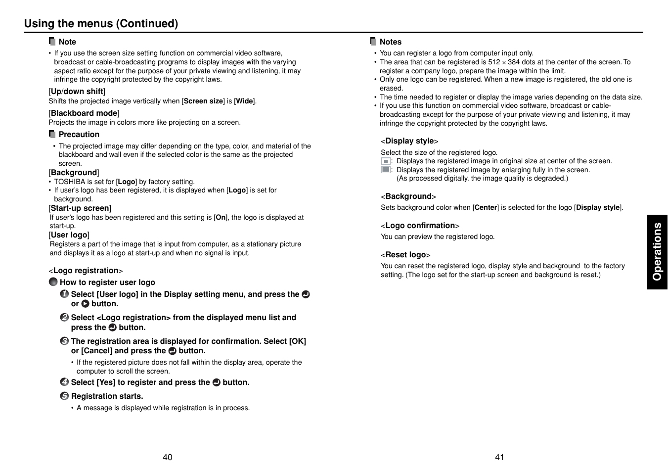 Operations, Using the menus (continued) | Toshiba TLPXC2500 User Manual | Page 21 / 31