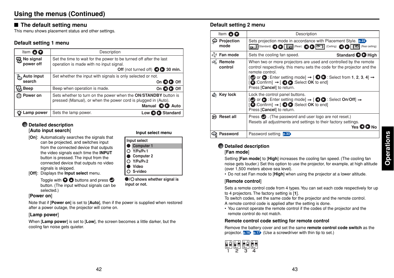 The default setting menu, P.43, P.42 | Operations, Using the menus (continued) | Toshiba TLPXC2500 User Manual | Page 22 / 31