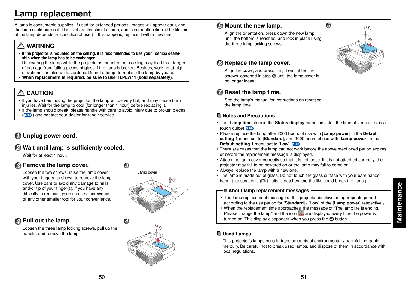 Lamp replacement, P.50, Maintenance | Toshiba TLPXC2500 User Manual | Page 26 / 31