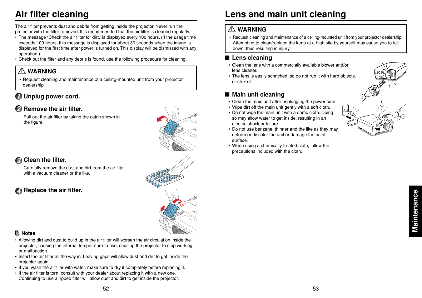 Air filter cleaning, Lens and main unit cleaning, P.52 | Lens and main unit cleaning air filter cleaning | Toshiba TLPXC2500 User Manual | Page 27 / 31