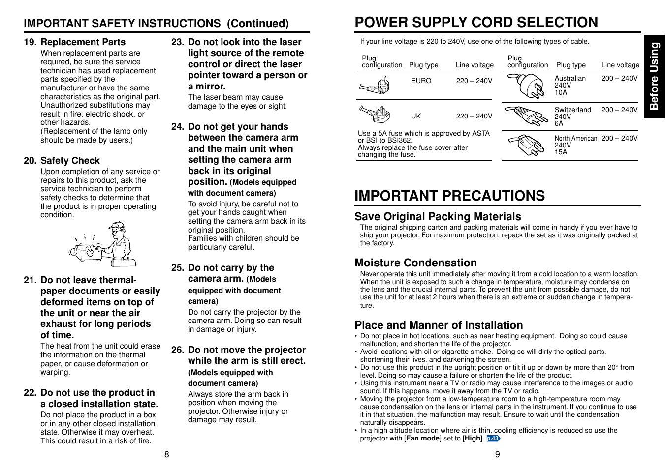 Power supply cord selection, Important precautions, Before using | Save original packing materials, Moisture condensation, Place and manner of installation, Important safety instructions (continued) | Toshiba TLPXC2500 User Manual | Page 5 / 31