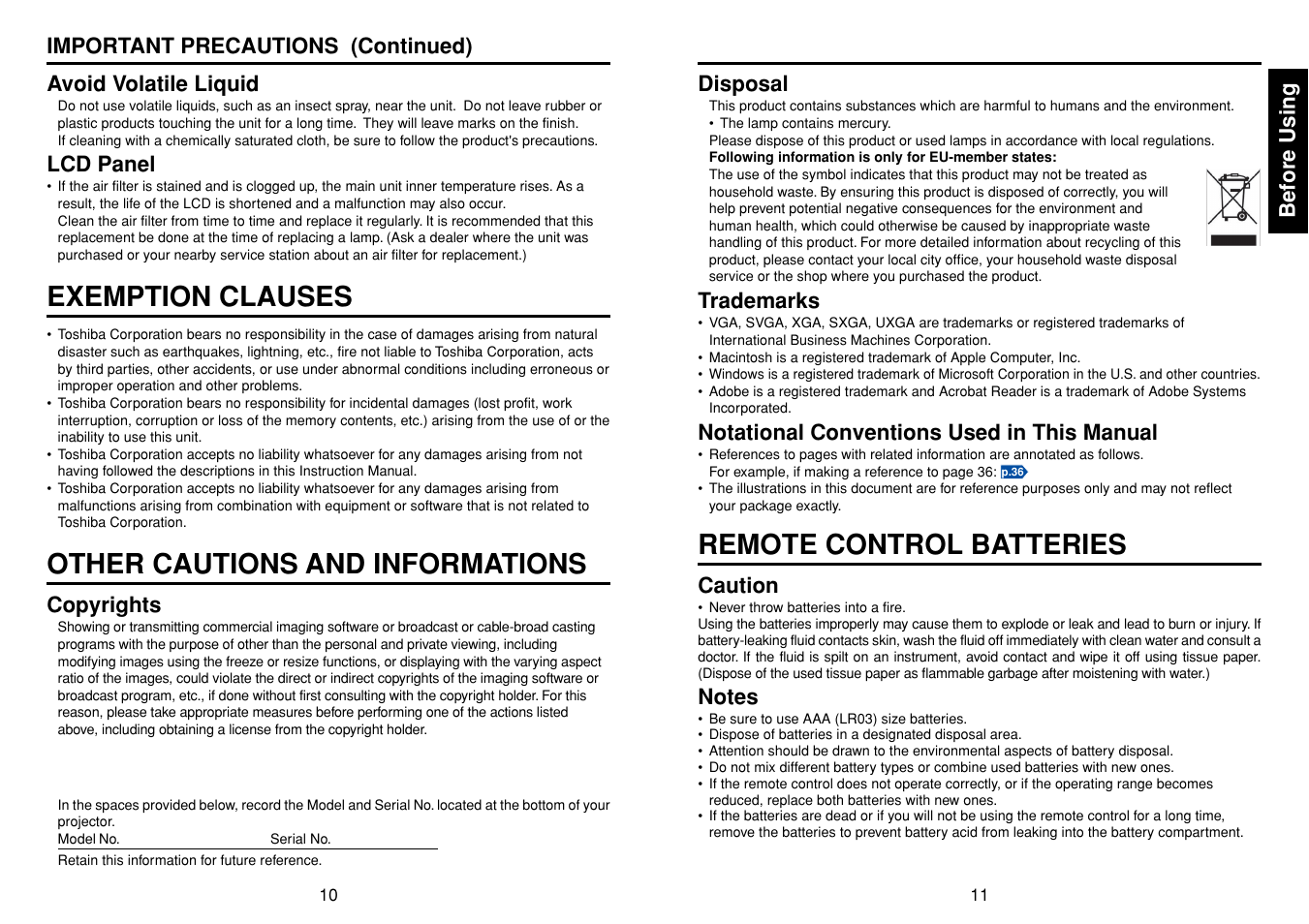 Exemption clauses, Other cautions and informations, Remote control batteries | Toshiba TLPXC2500 User Manual | Page 6 / 31
