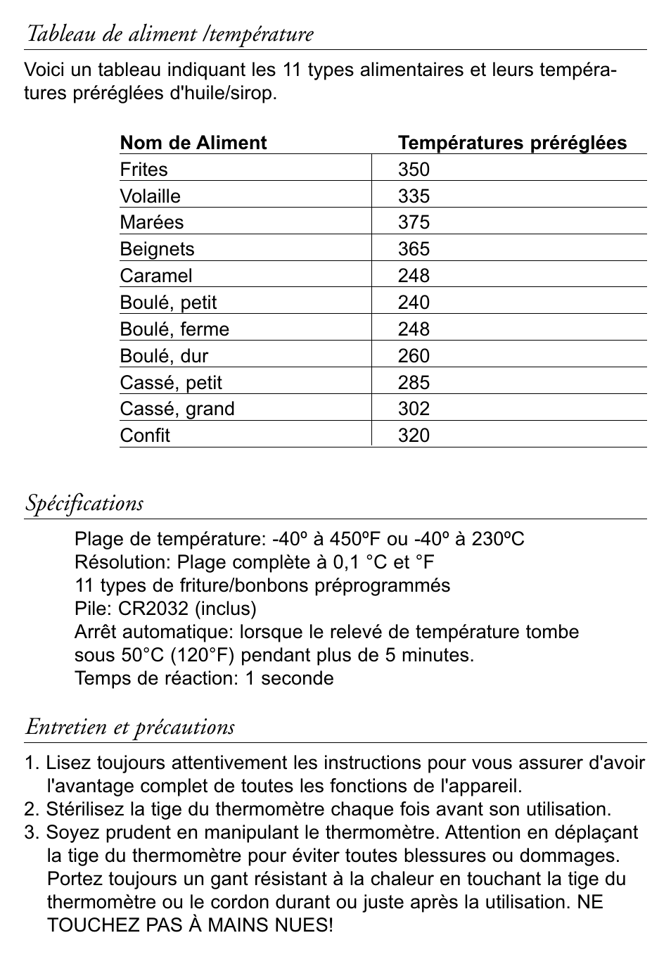 Tableau de aliment /température, Spécifications, Entretien et précautions | Taylor 519 User Manual | Page 10 / 18
