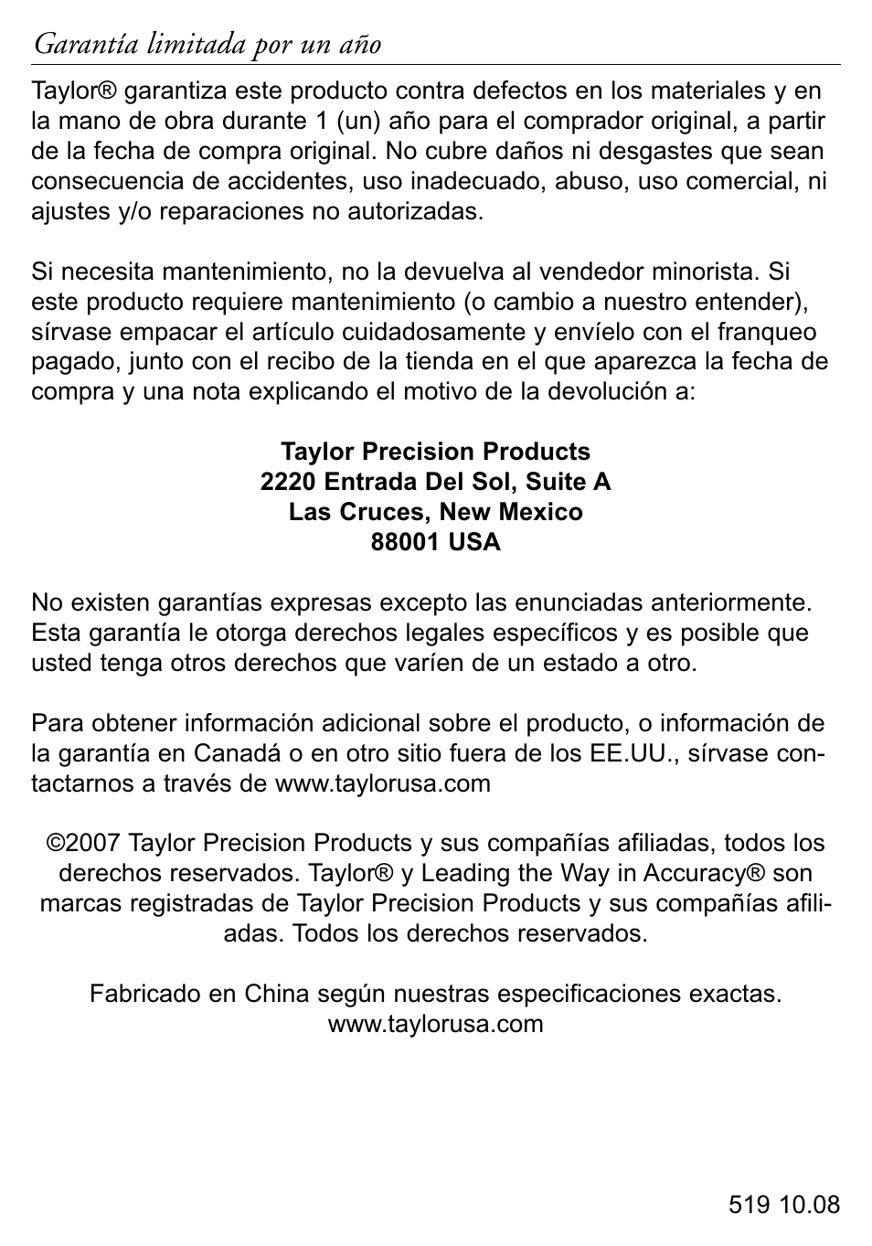 Garantía limitada por un año | Taylor 519 User Manual | Page 18 / 18
