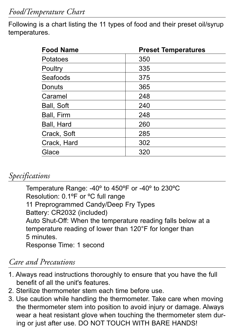Food/temperature chart, Specifications, Care and precautions | Taylor 519 User Manual | Page 4 / 18