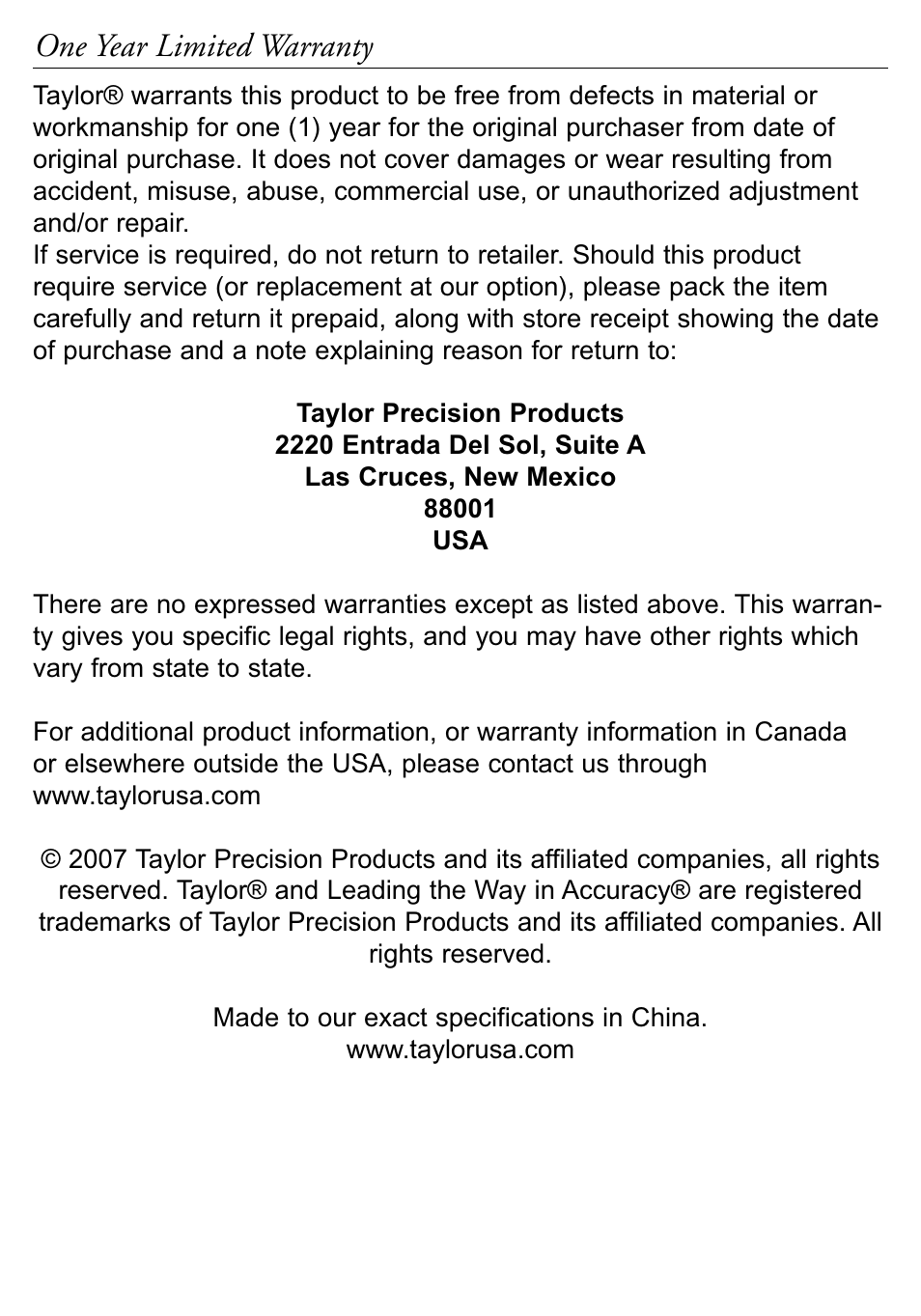 One year limited warranty | Taylor 519 User Manual | Page 6 / 18