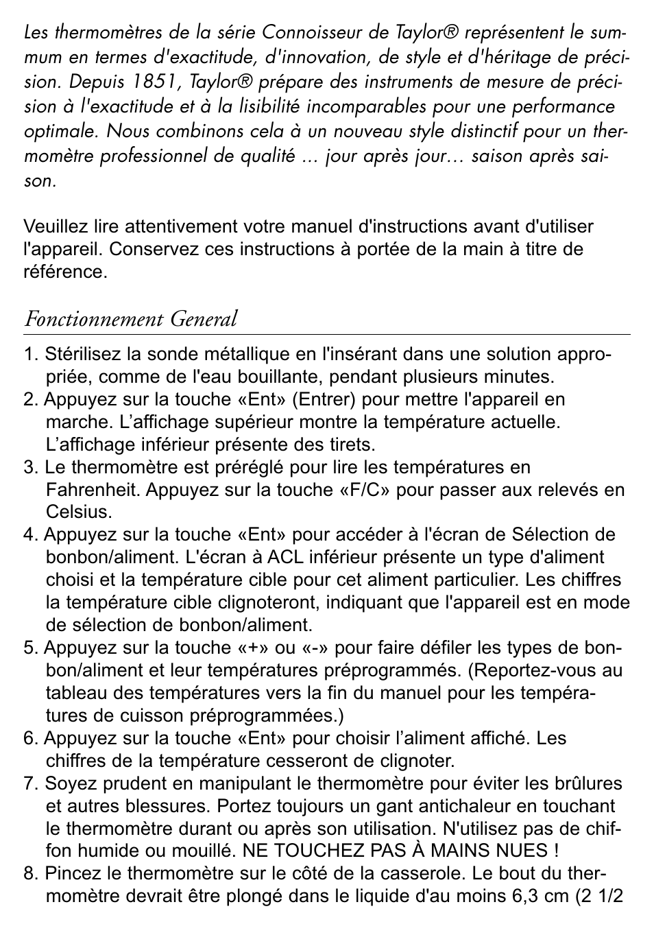 Fonctionnement general | Taylor 519 User Manual | Page 8 / 18