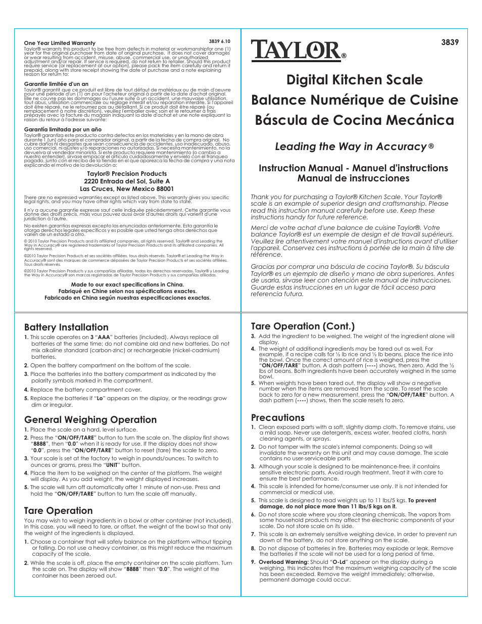 Taylor Digital Kitchen Scale 3839 User Manual | 2 pages