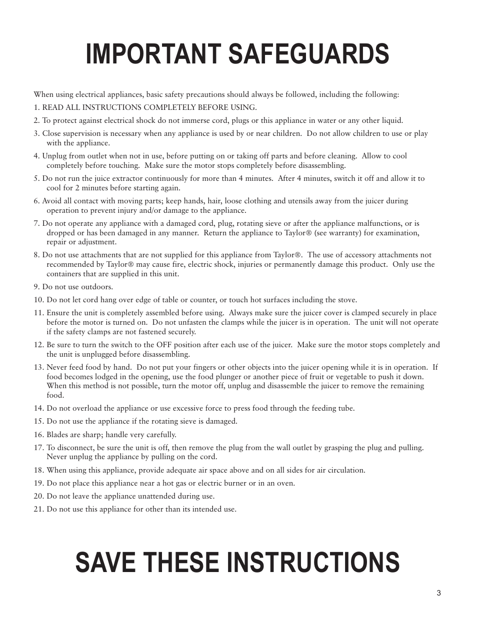 Important safeguards save these instructions | Taylor AJ-1450-BL User Manual | Page 3 / 6