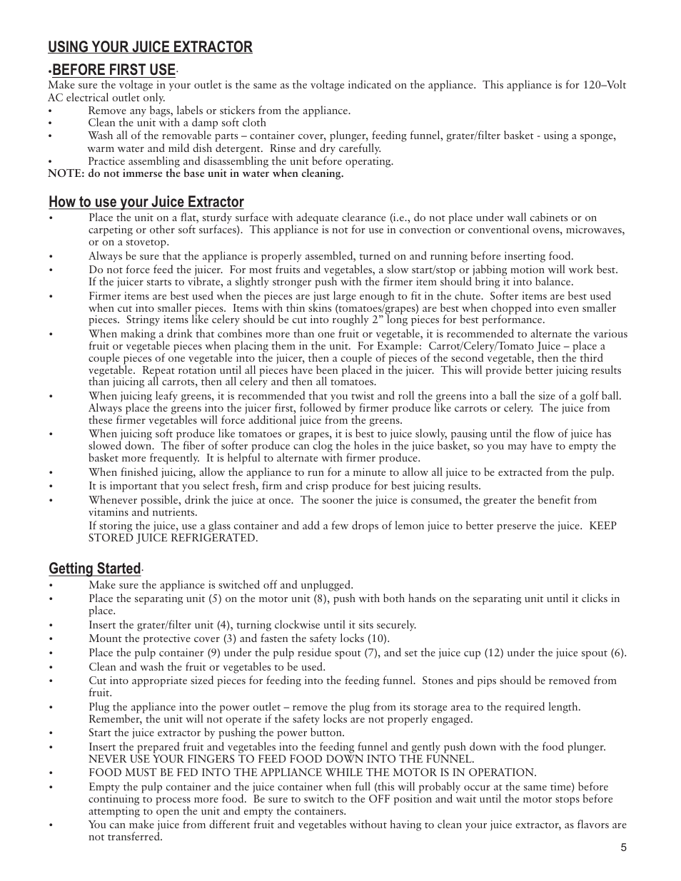 How to use your juice extractor, Getting started, Before first use | Using your juice extractor | Taylor AJ-1450-BL User Manual | Page 5 / 6