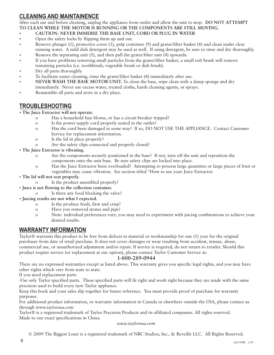 Cleaning and maintainence, Troubleshooting, Warranty information | Taylor AJ-1450-BL User Manual | Page 6 / 6