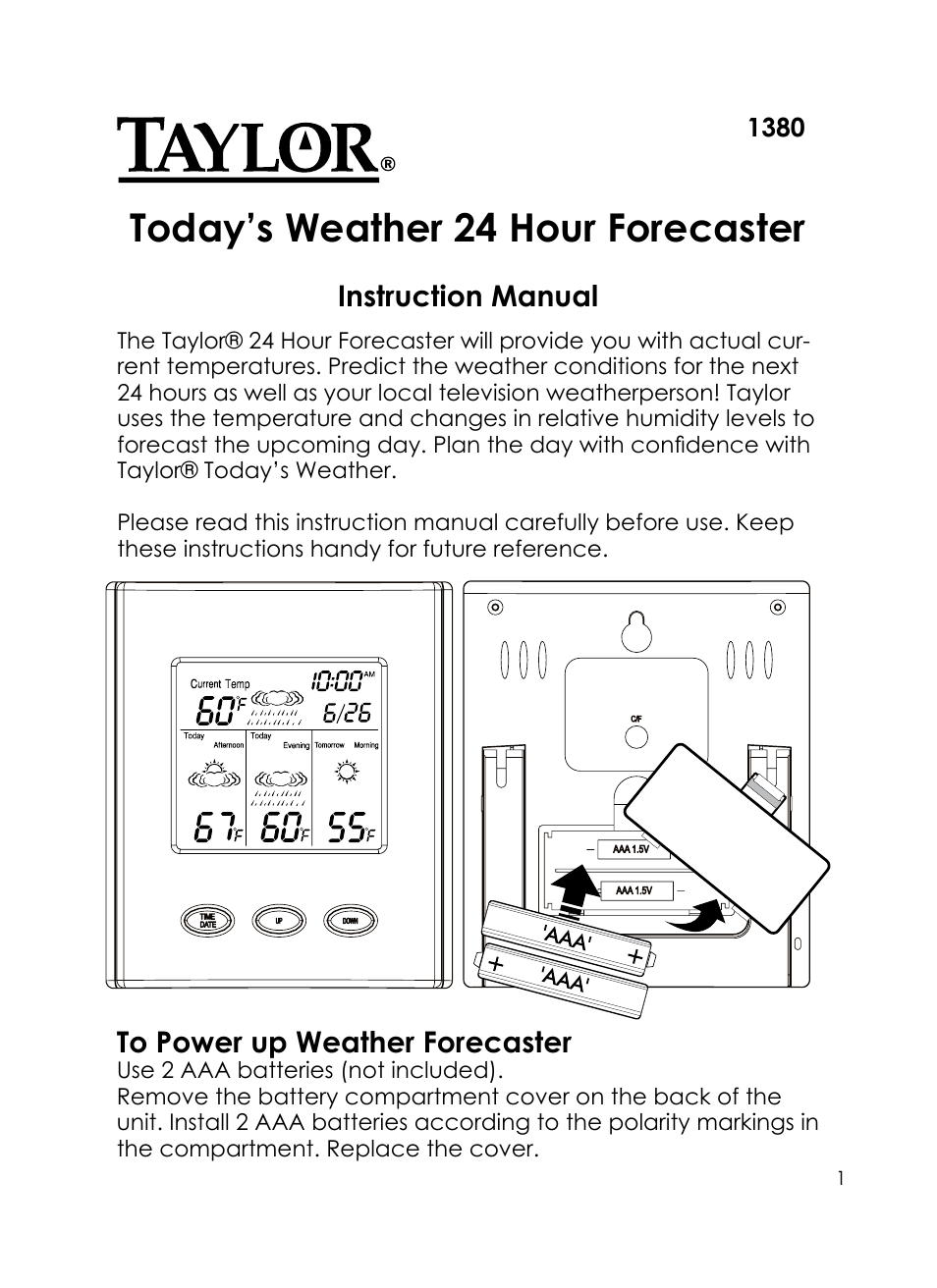 Taylor 24 Hour Forecaster 1380 User Manual | 9 pages