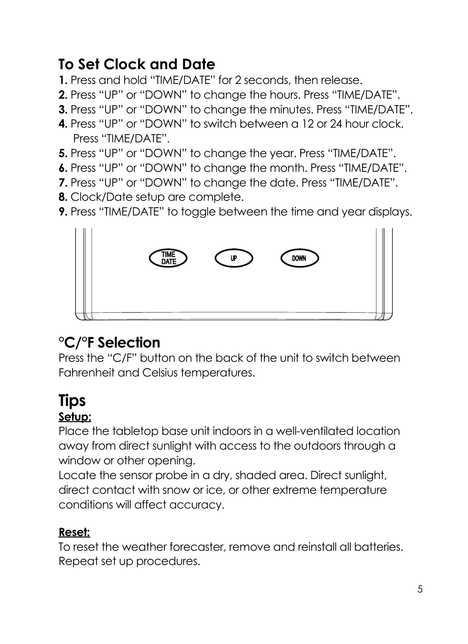 Tips, C/°f selection | Taylor 24 Hour Forecaster 1380 User Manual | Page 5 / 9