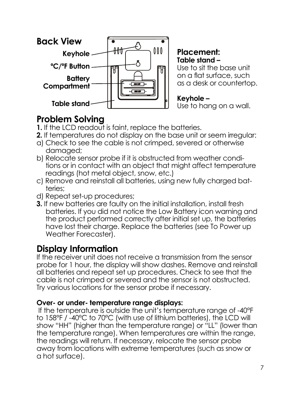 Problem solving, Display information, Back view | Taylor 24 Hour Forecaster 1380 User Manual | Page 7 / 9