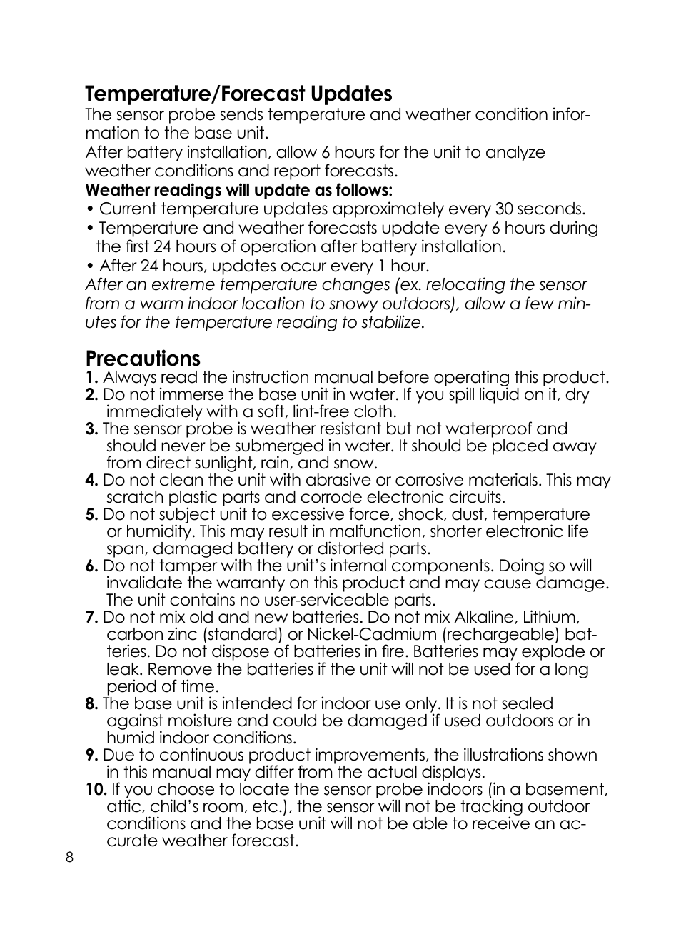 Temperature/forecast updates, Precautions | Taylor 24 Hour Forecaster 1380 User Manual | Page 8 / 9