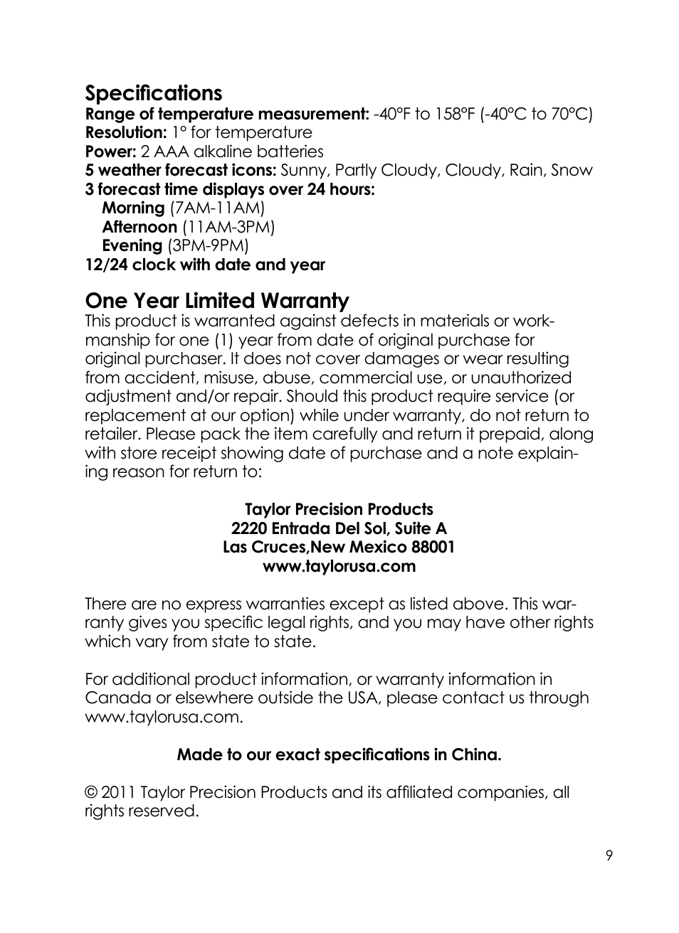 Specifications, One year limited warranty | Taylor 24 Hour Forecaster 1380 User Manual | Page 9 / 9