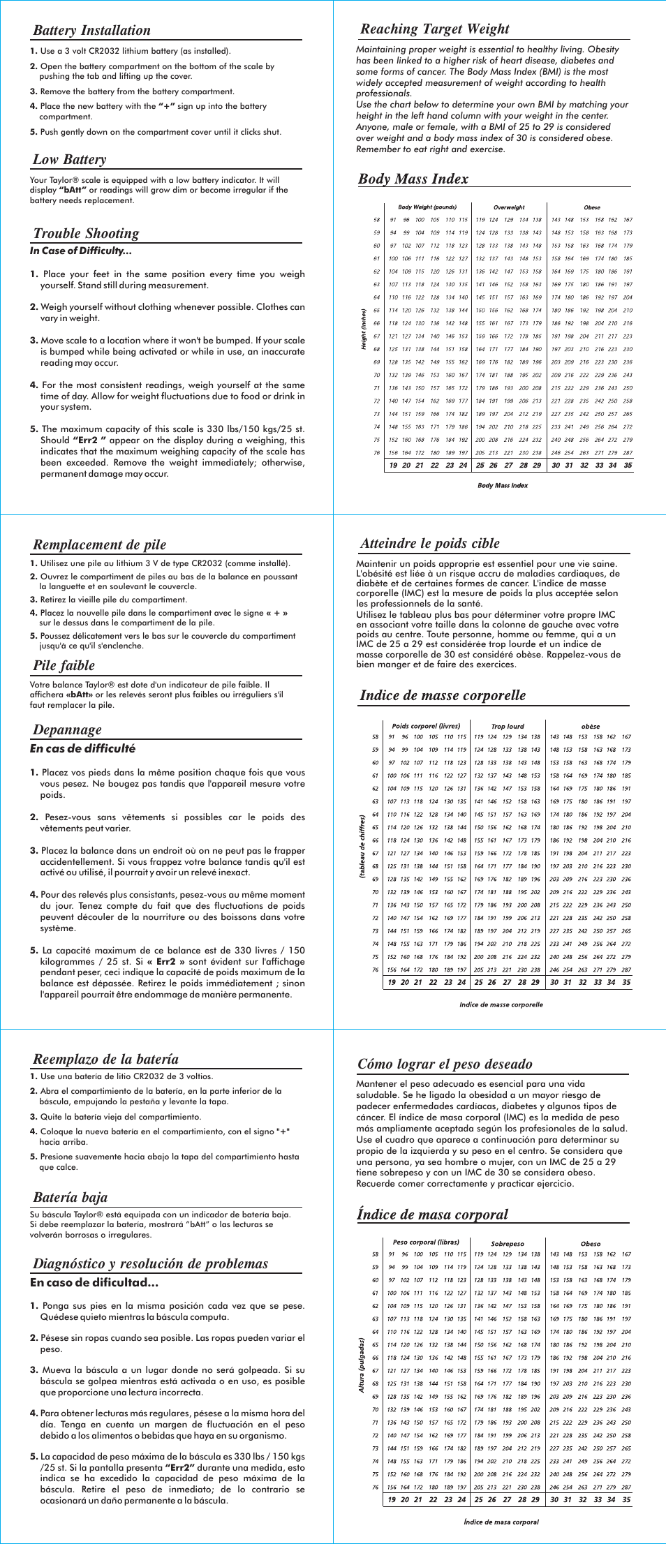 Reaching target weight, Trouble shooting battery installation low battery, Depannage remplacement de pile pile faible | Atteindre le poids cible, Cómo lograr el peso deseado | Taylor 7335 User Manual | Page 2 / 2