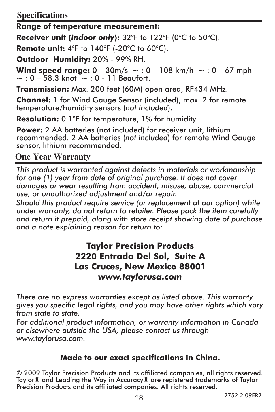 Taylor 2752 User Manual | Page 18 / 18