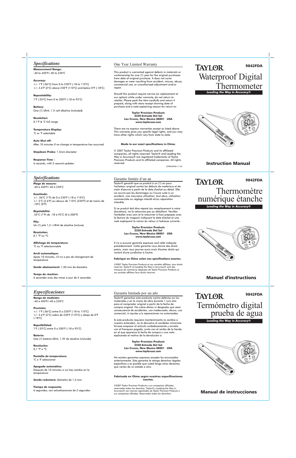 Taylor 9842FDA User Manual | 2 pages