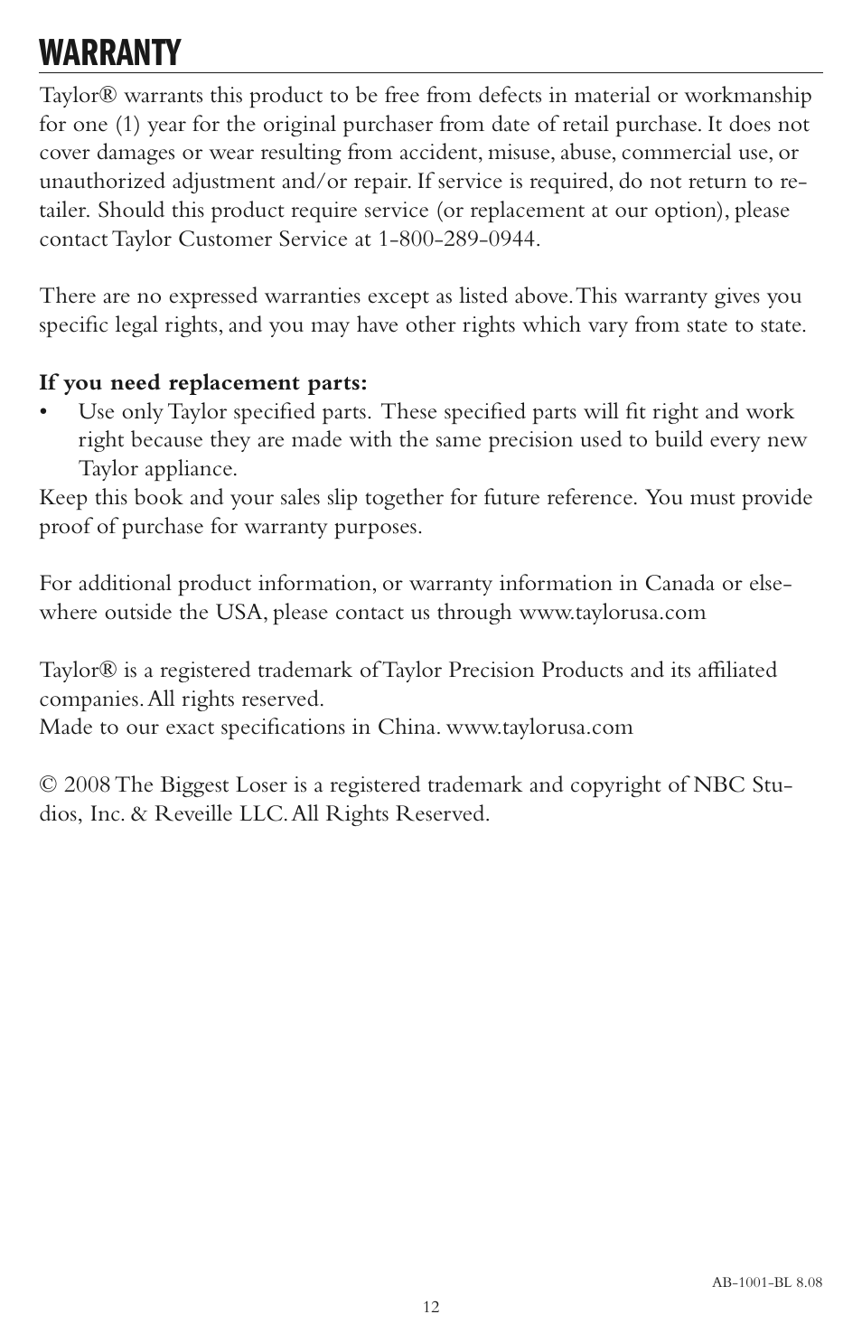 Warranty | Taylor AB-1001-BL User Manual | Page 12 / 12