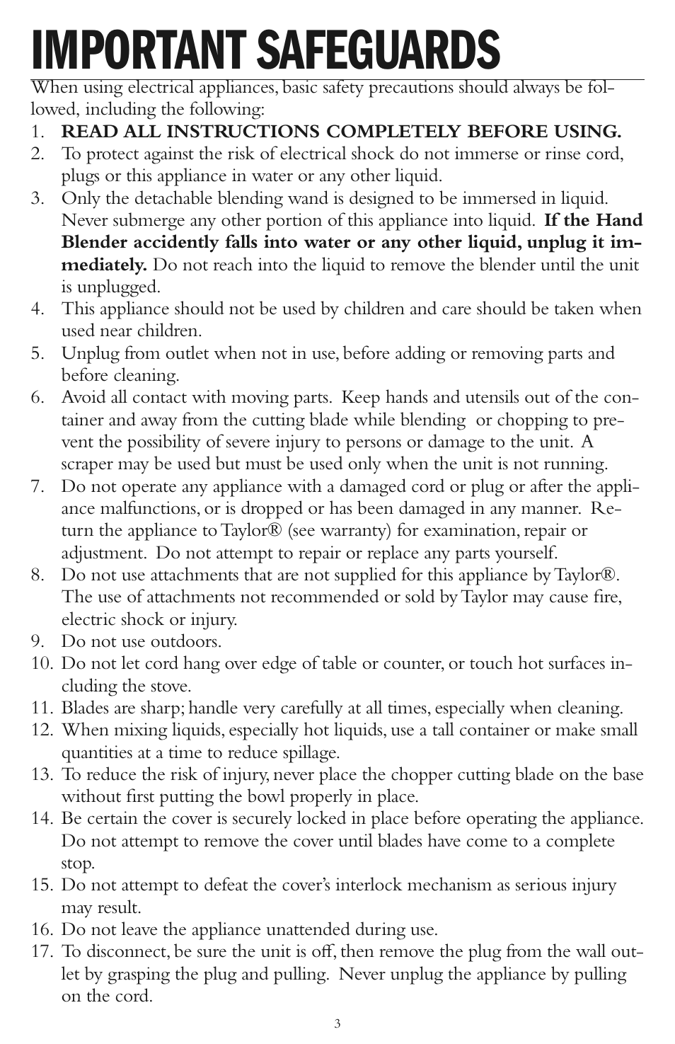 Important safeguards | Taylor AB-1001-BL User Manual | Page 3 / 12