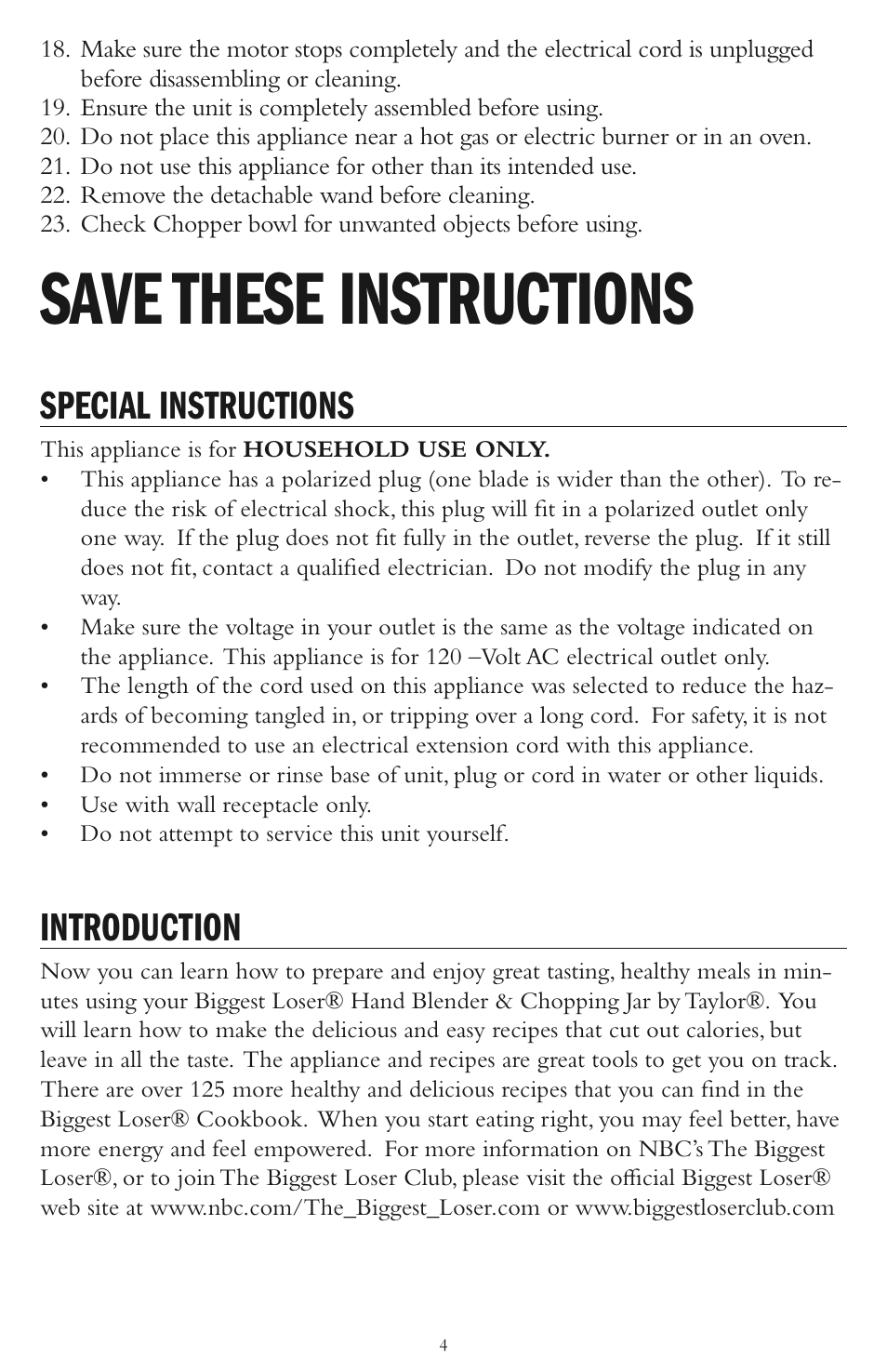 Save these instructions, Special instructions, Introduction | Taylor AB-1001-BL User Manual | Page 4 / 12