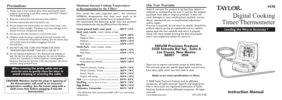 Taylor 1478 User Manual | 2 pages