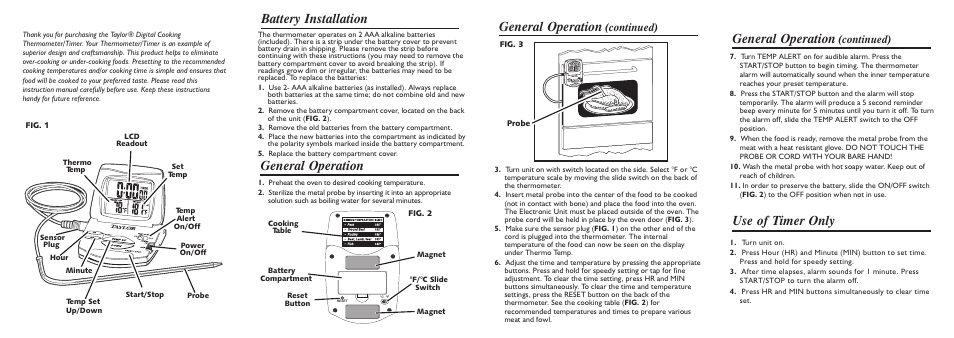 Use of timer only general operation, General operation, General operation battery installation | Continued) | Taylor 1478 User Manual | Page 2 / 2