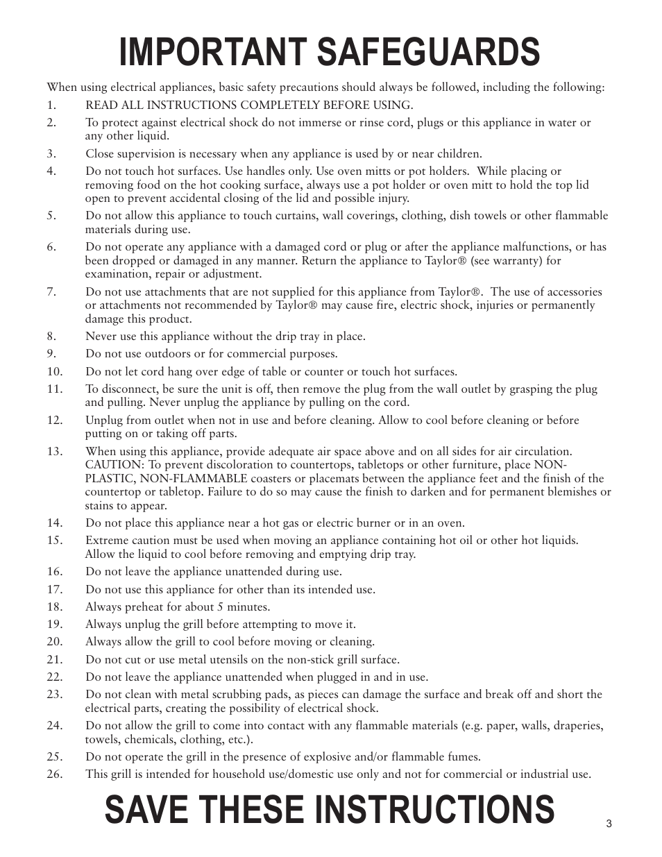 Important safeguards save these instructions | Taylor AG-1350-BL User Manual | Page 3 / 8