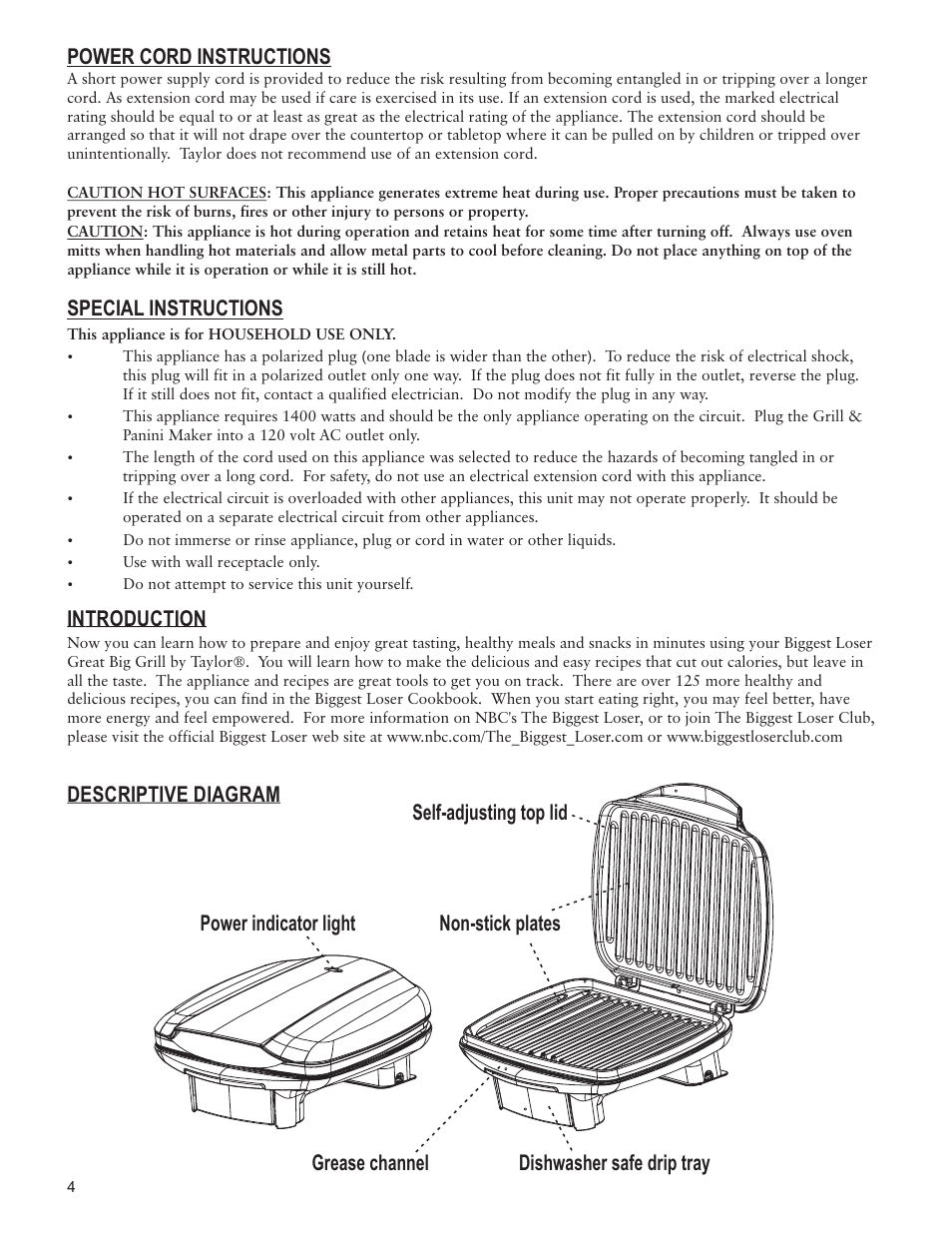 Introduction, Descriptive diagram special instructions, Power cord instructions | Taylor AG-1350-BL User Manual | Page 4 / 8