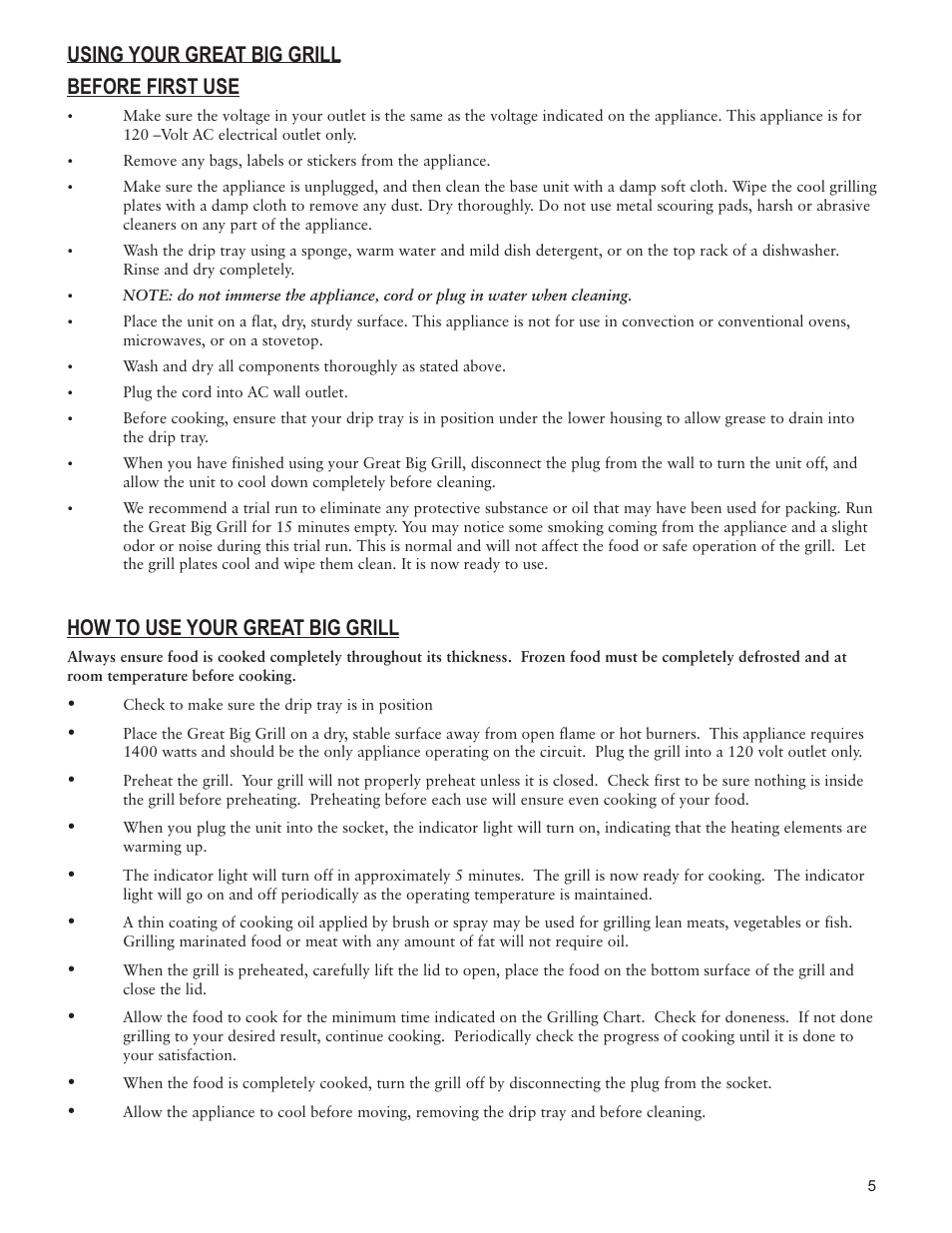 How to use your great big grill, Before first use, Using your great big grill | Taylor AG-1350-BL User Manual | Page 5 / 8