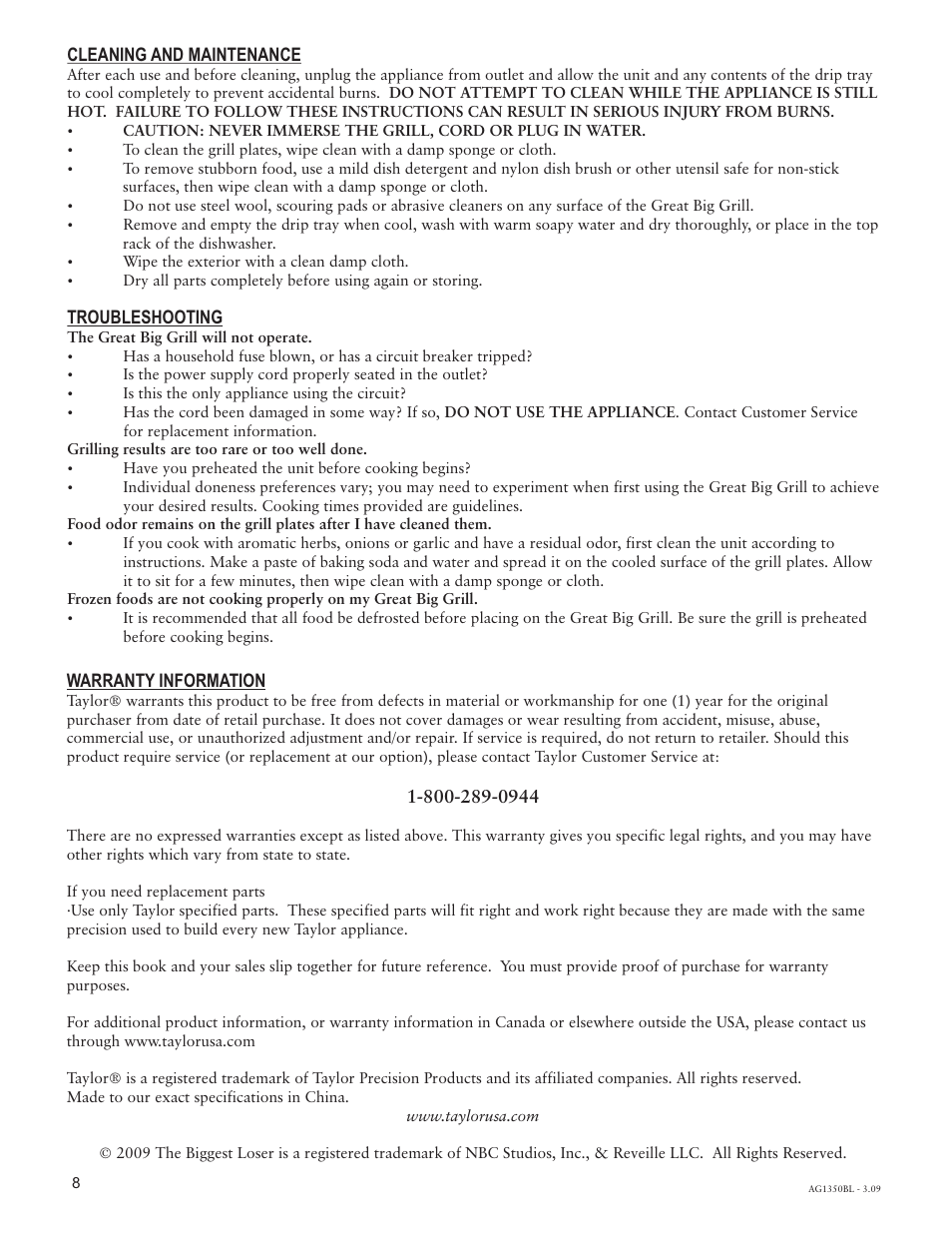 Cleaning and maintenance, Troubleshooting, Warranty information | Taylor AG-1350-BL User Manual | Page 8 / 8