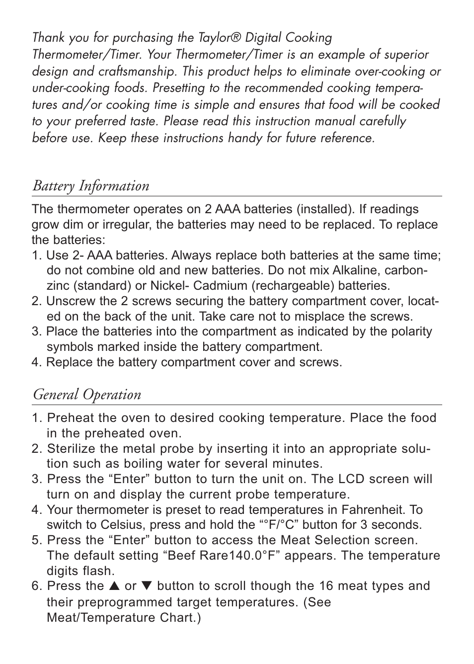 Battery information, General operation | Taylor 1488 User Manual | Page 2 / 6