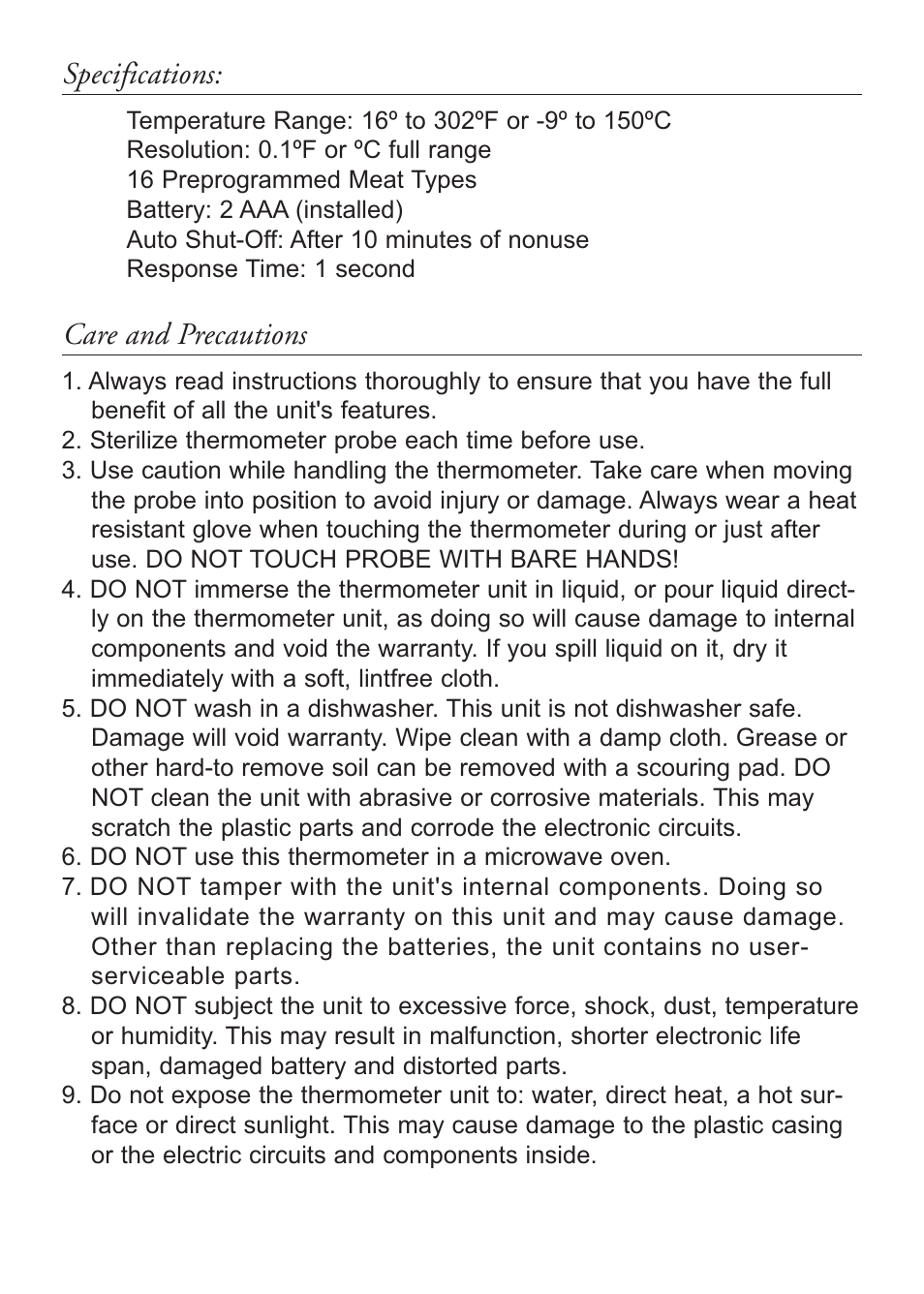 Specifications, Care and precautions | Taylor 1488 User Manual | Page 5 / 6