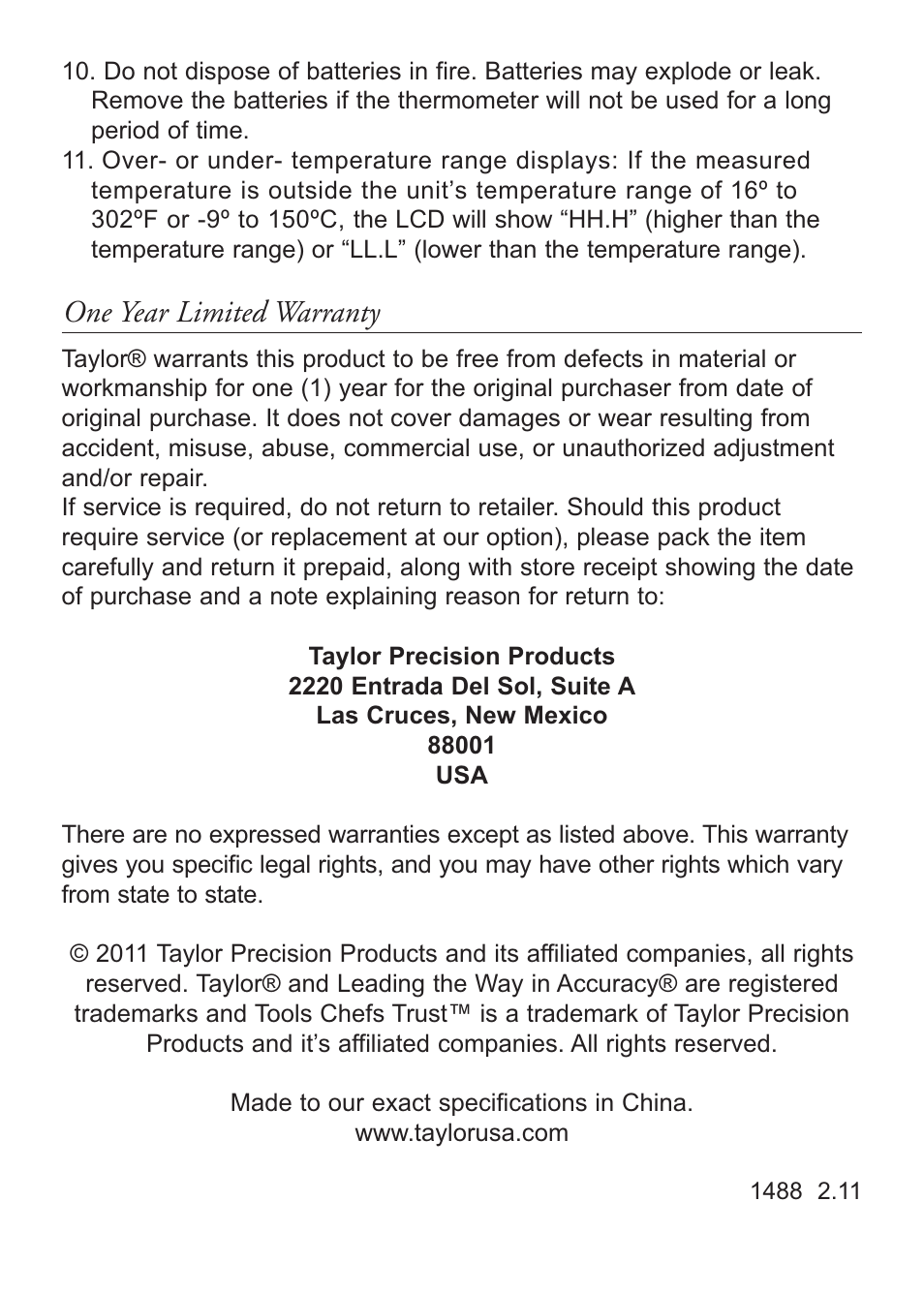 One year limited warranty | Taylor 1488 User Manual | Page 6 / 6