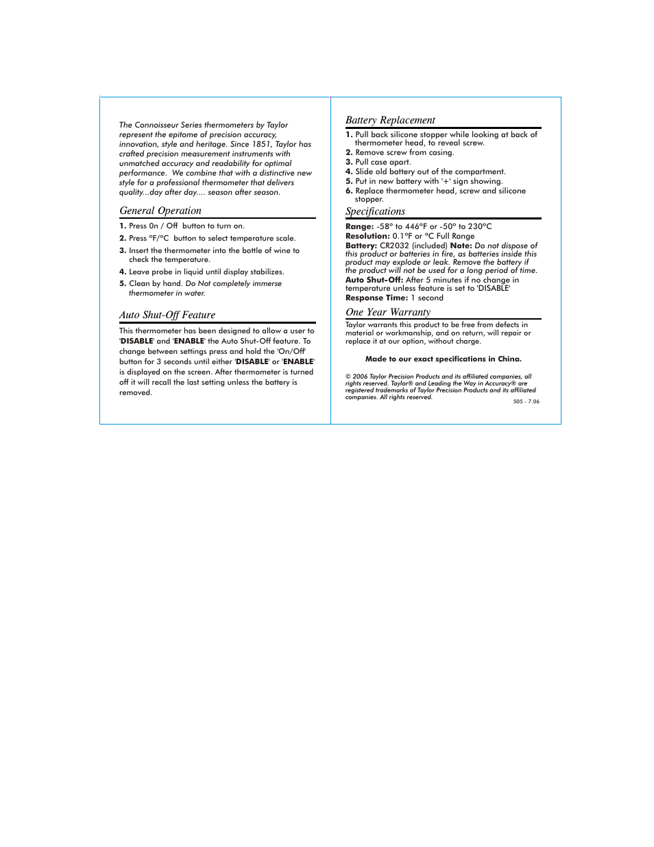 One year warranty, Specifications, Battery replacement | General operation auto shut-off feature | Taylor 505 User Manual | Page 2 / 2