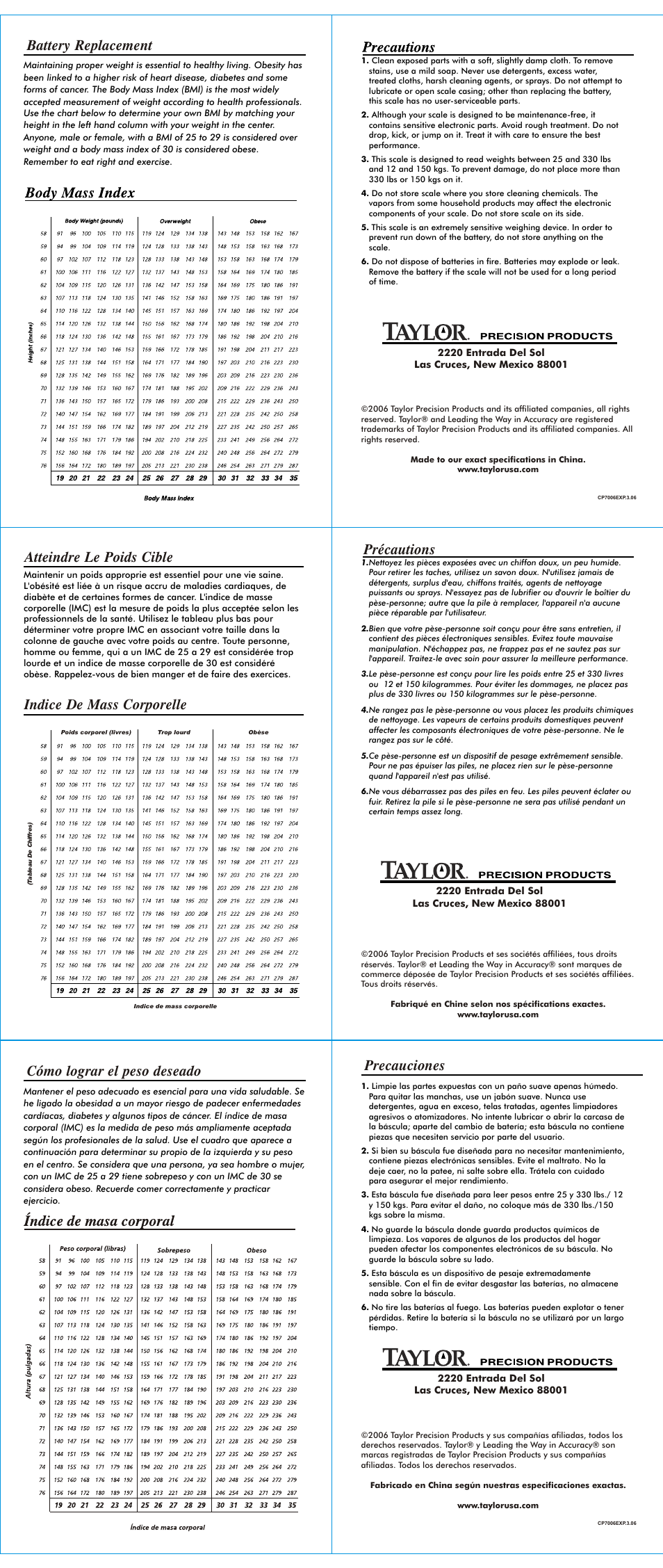 Précautions, Atteindre le poids cible indice de mass corporelle, Battery replacement | Cómo lograr el peso deseado precauciones | Taylor 7006EXP User Manual | Page 2 / 2