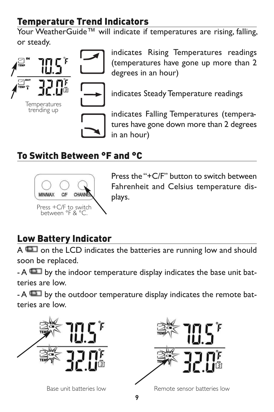Temperature trend indicators, Low battery indicator | Taylor 1524 User Manual | Page 9 / 16